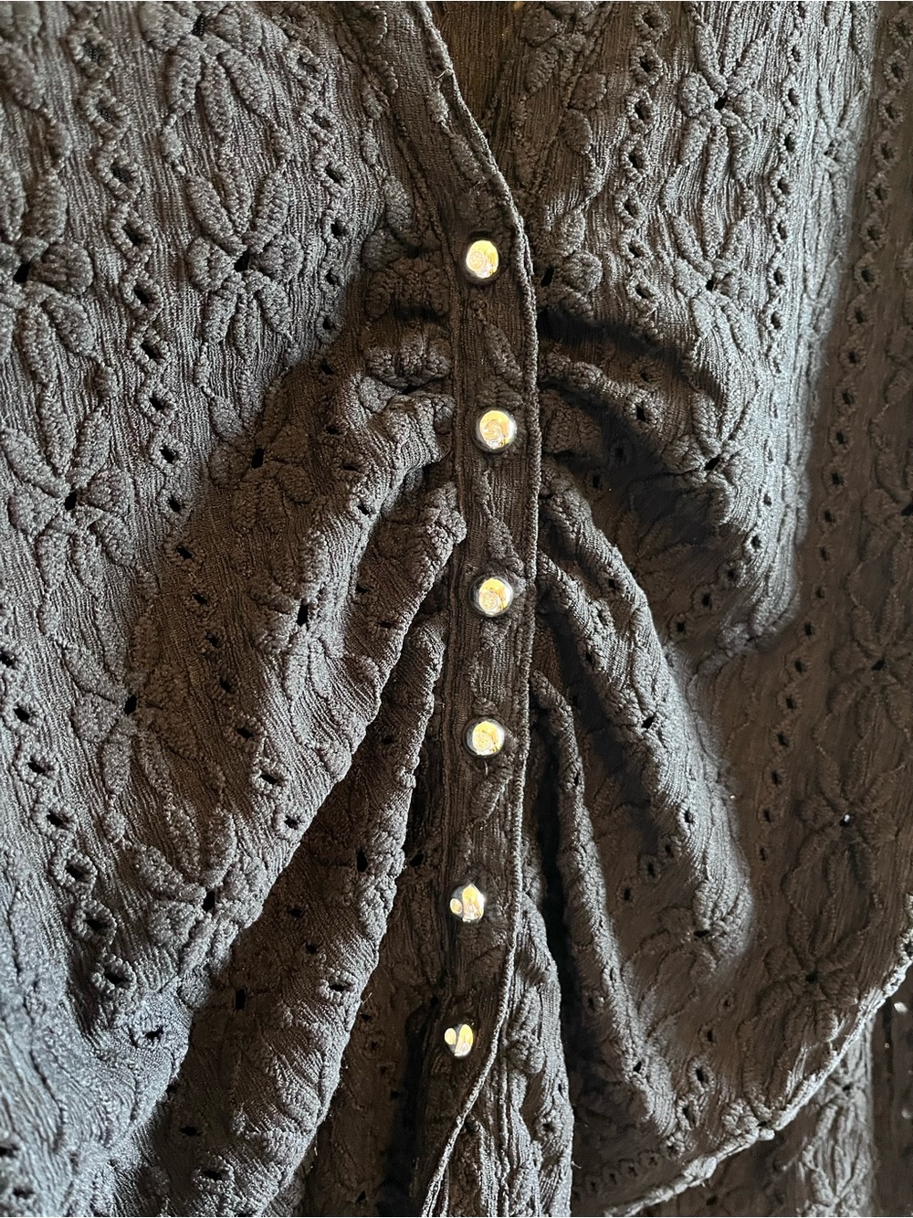 Eyelet Ruched Front Long Sleeve Sweater - Black - Picture 4 of 6